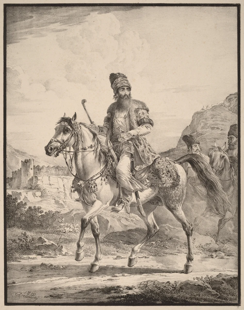 A Persian on Horseback by Aleksandr Osipovich Orlovskii, print, 1820