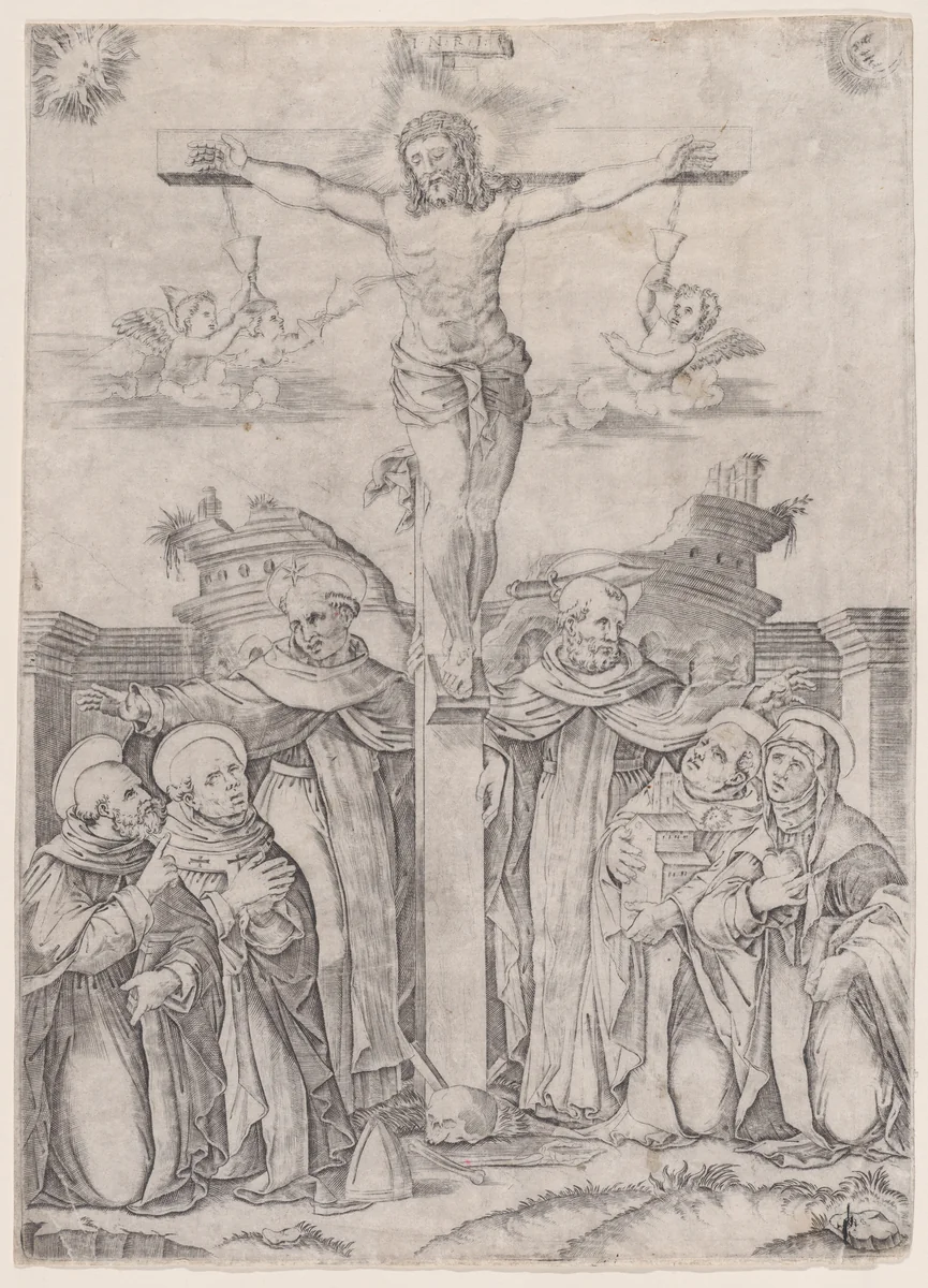 Saint Dominic and the Holy Saints of His Order with the Crucifix by Agostino Veneziano, print, 1523-1533