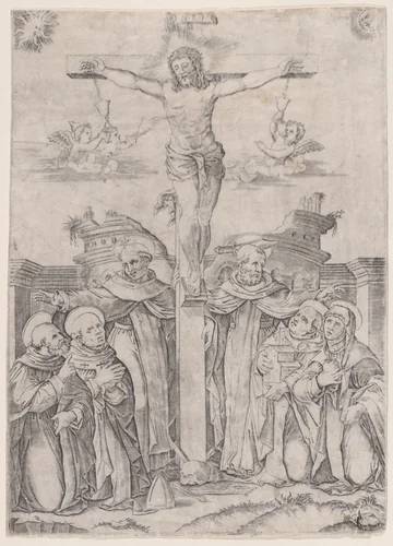 Saint Dominic and the Holy Saints of His Order with the Crucifix by Agostino Veneziano, print, 1523-1533