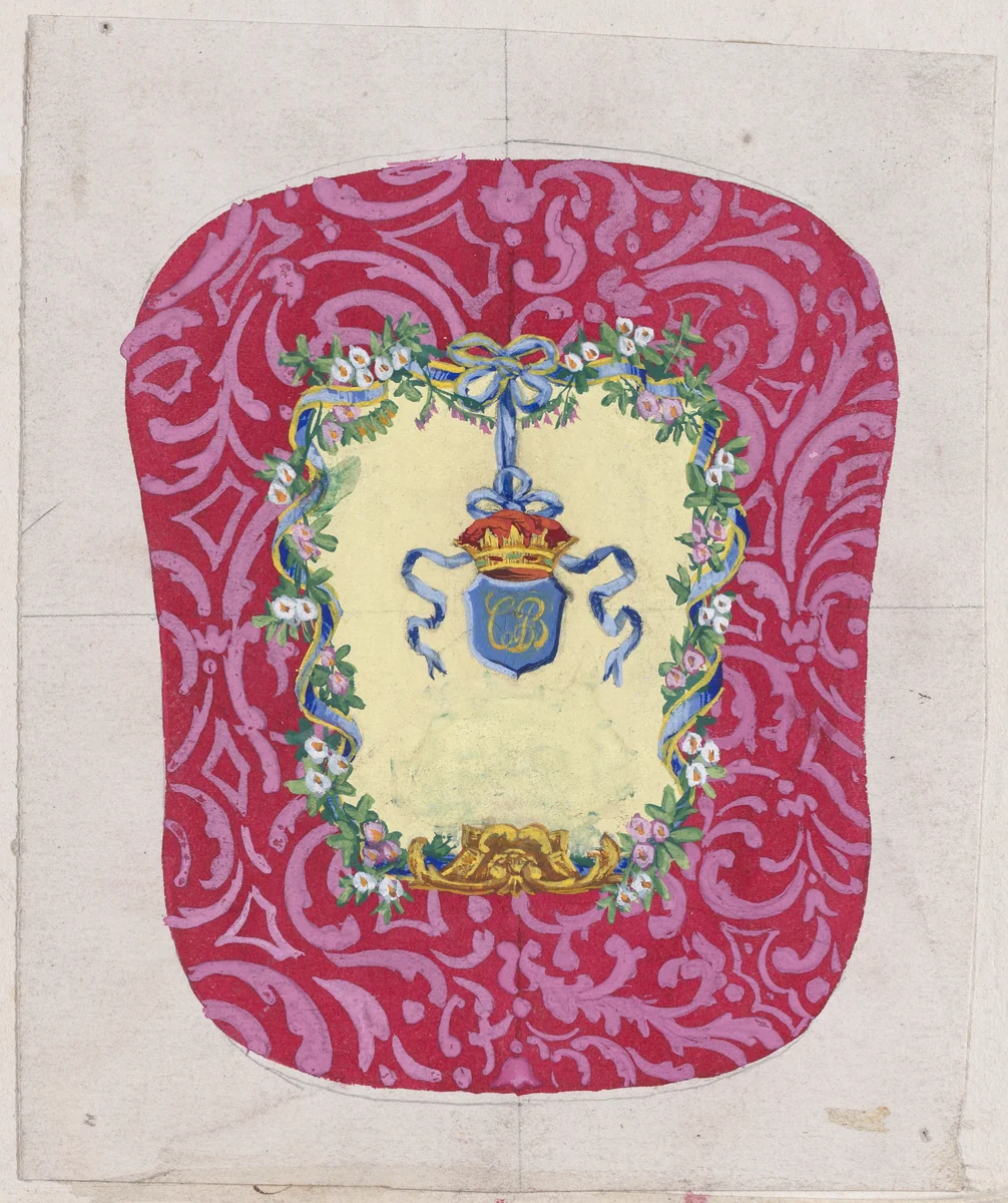 Design for a Chair Back Cover with an Ornamental Frame Formed by a Garland of Leaves and Flowers with an Interlacing Ribbon that Forms a Bow from which a Crown Motif with a Monogram Hangs by anonymous, drawing, 1870-1900