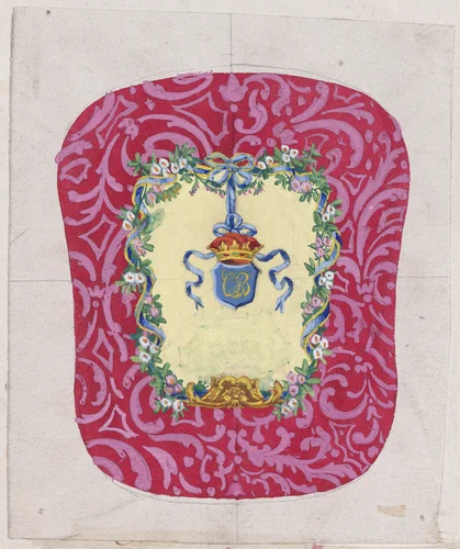 Design for a Chair Back Cover with an Ornamental Frame Formed by a Garland of Leaves and Flowers with an Interlacing Ribbon that Forms a Bow from which a Crown Motif with a Monogram Hangs by anonymous, drawing, 1870-1900