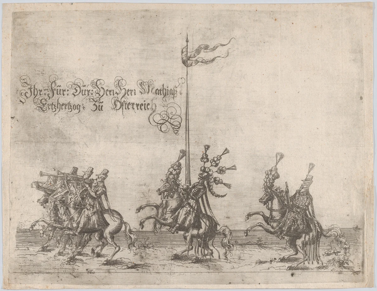 Procession, with men riding horses; three men playing trumpets at front, a knight at center, and a gentleman at the rear by anonymous, print, 1500-1599