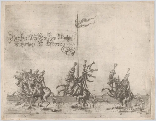 Procession, with men riding horses; three men playing trumpets at front, a knight at center, and a gentleman at the rear by anonymous, print, 1500-1599
