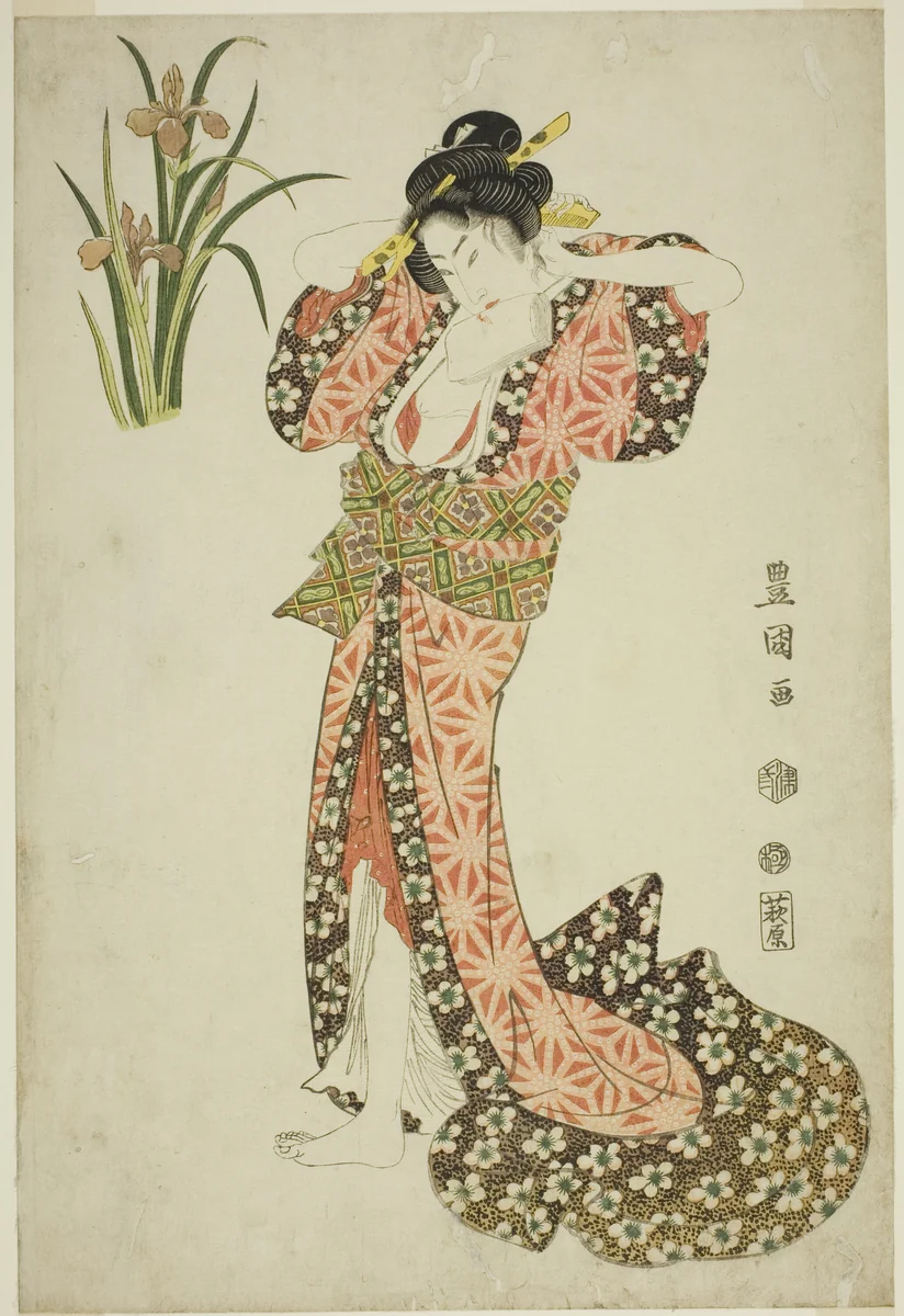Irises: beauty arranging hair, from an untitled series of beauties and flowers by Utagawa Toyokuni I (初代 歌川 豊国), print, 1812