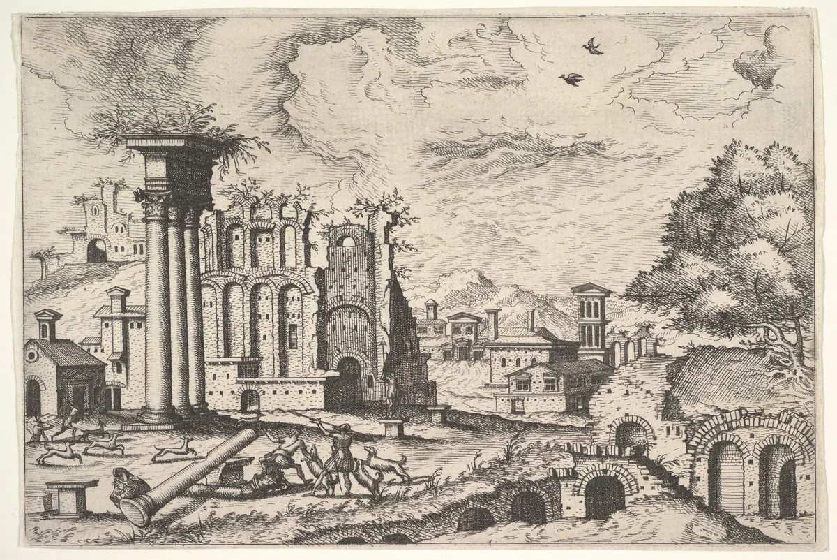 View of the Roman Forum, looking toward the Palatine Hill, from "The Small book of Roman ruins and buildings" (Operum antiquorum romanorum) by Hieronymus Cock, print, 1562