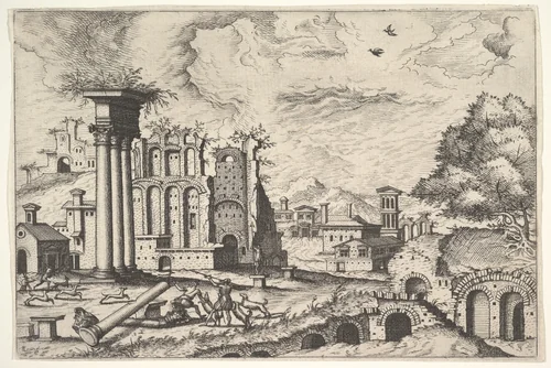 View of the Roman Forum, looking toward the Palatine Hill, from "The Small book of Roman ruins and buildings" (Operum antiquorum romanorum) by Hieronymus Cock, print, 1562