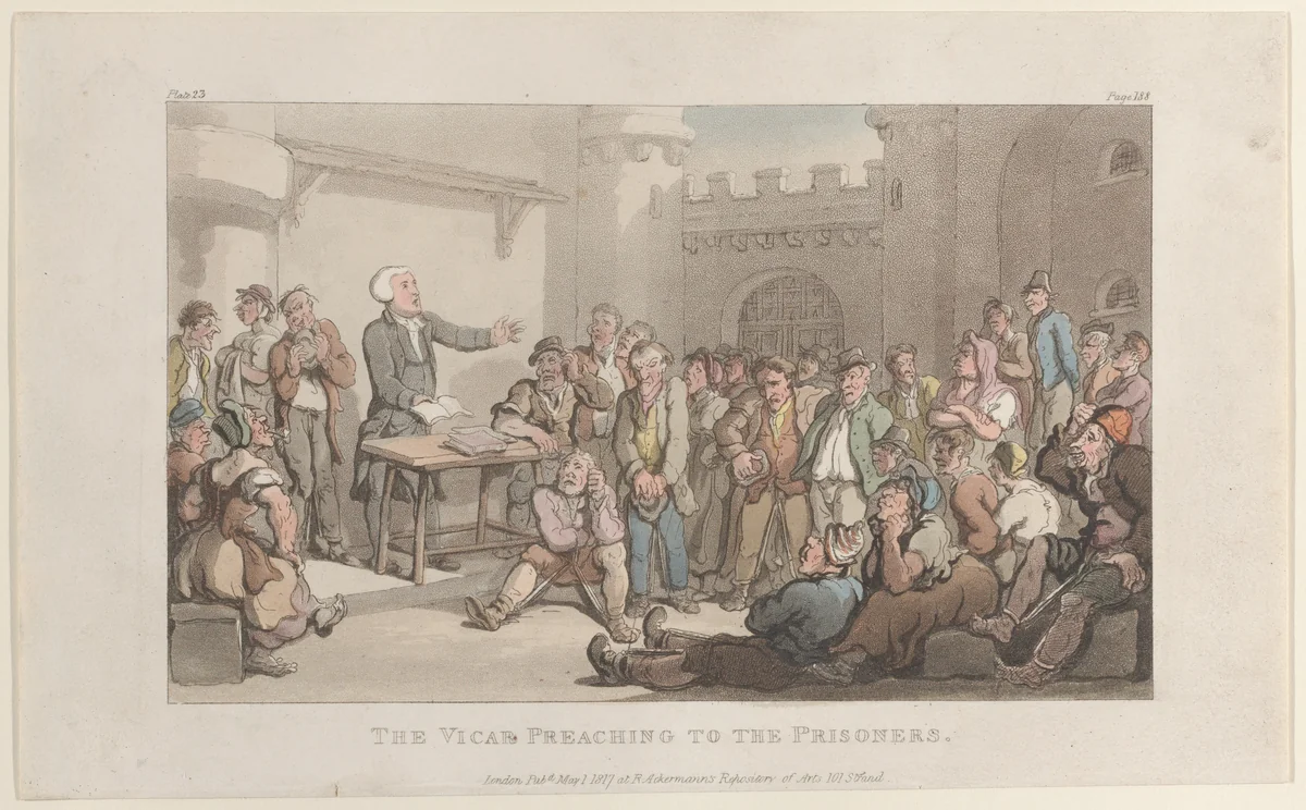 The Vicar Preaching to the Prisoners by Thomas Rowlandson, print, 1817