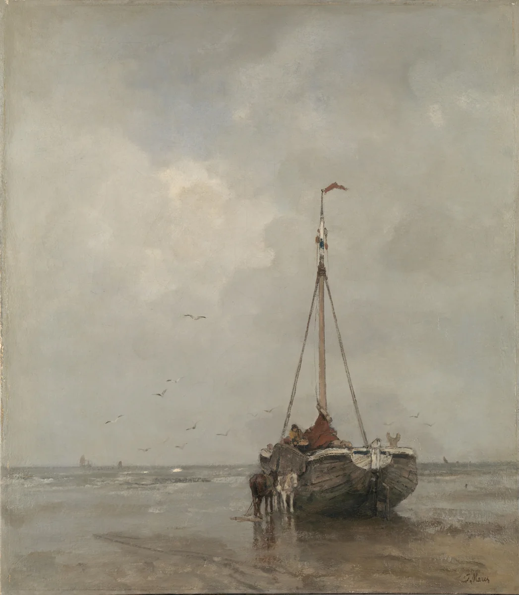 Bluff-bowed Fishing Boat on the Beach at Scheveningen by Jacob Maris, painting, 1885