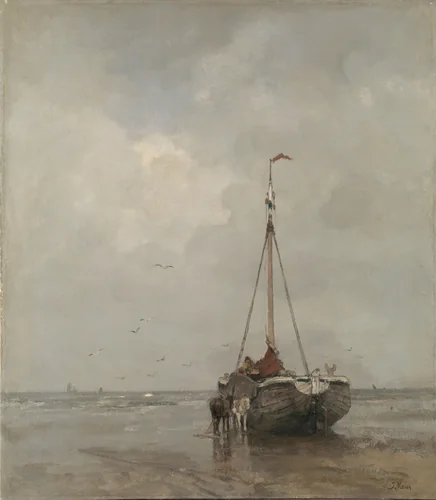 Bluff-bowed Fishing Boat on the Beach at Scheveningen by Jacob Maris, painting, 1885