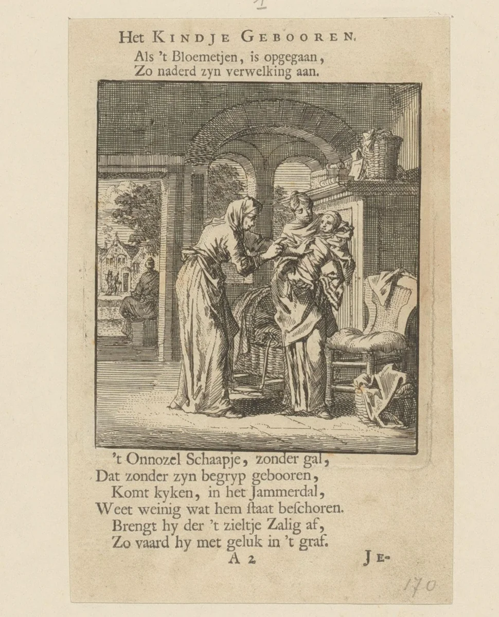 Pasgeboren kind in de armen van de moeder by Jan Luyken, print, 1712