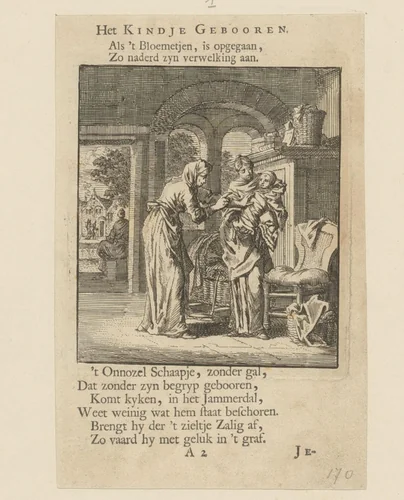 Pasgeboren kind in de armen van de moeder by Jan Luyken, print, 1712