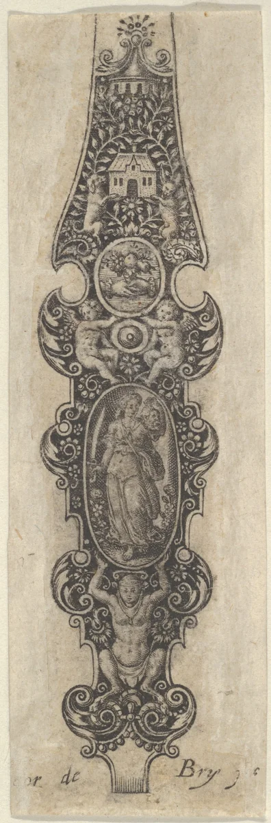 Pendant Design with Judith Holding the Head of Holofernes, from Des Pendants de Cleffs pour les Femmes by Johann Theodor de Bry, print, 1580-1600