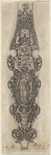 Pendant Design with Judith Holding the Head of Holofernes, from Des Pendants de Cleffs pour les Femmes by Johann Theodor de Bry, print, 1580-1600
