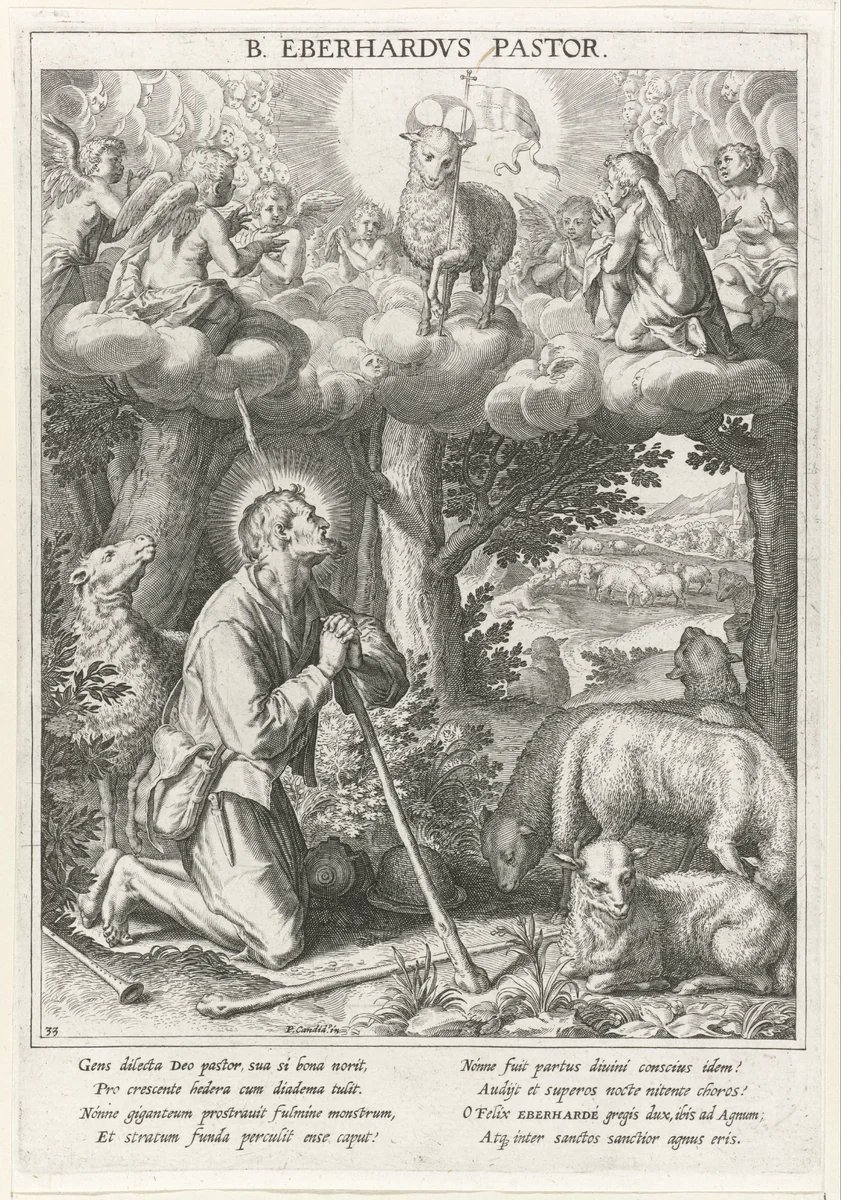 Heilige Everardus knielt voor het visioen van het Lam Gods by Raphaël Sadeler, print, 1615