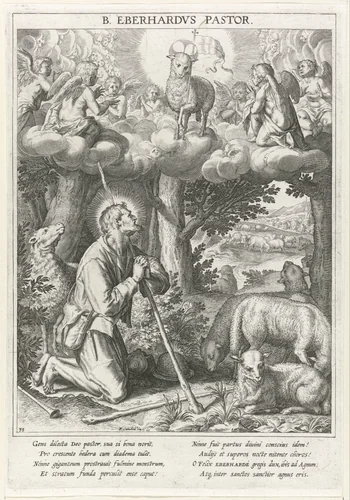 Heilige Everardus knielt voor het visioen van het Lam Gods by Raphaël Sadeler, print, 1615