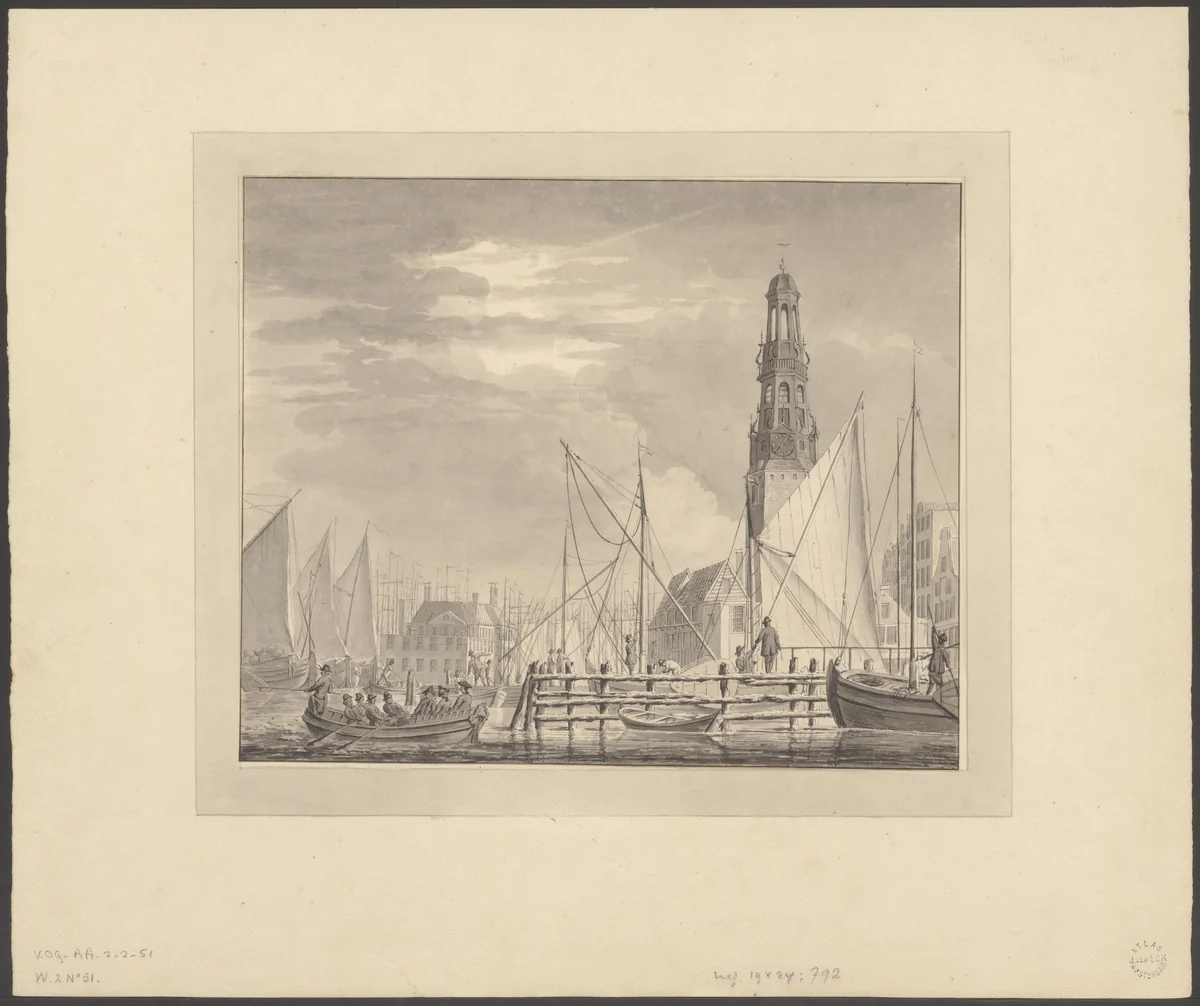 Gezicht op de Haringpakkerstoren en de Nieuwe Stadsherberg by Jacobus Kops, drawing, 1746-1773