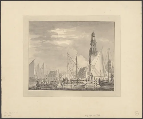 Gezicht op de Haringpakkerstoren en de Nieuwe Stadsherberg by Jacobus Kops, drawing, 1746-1773