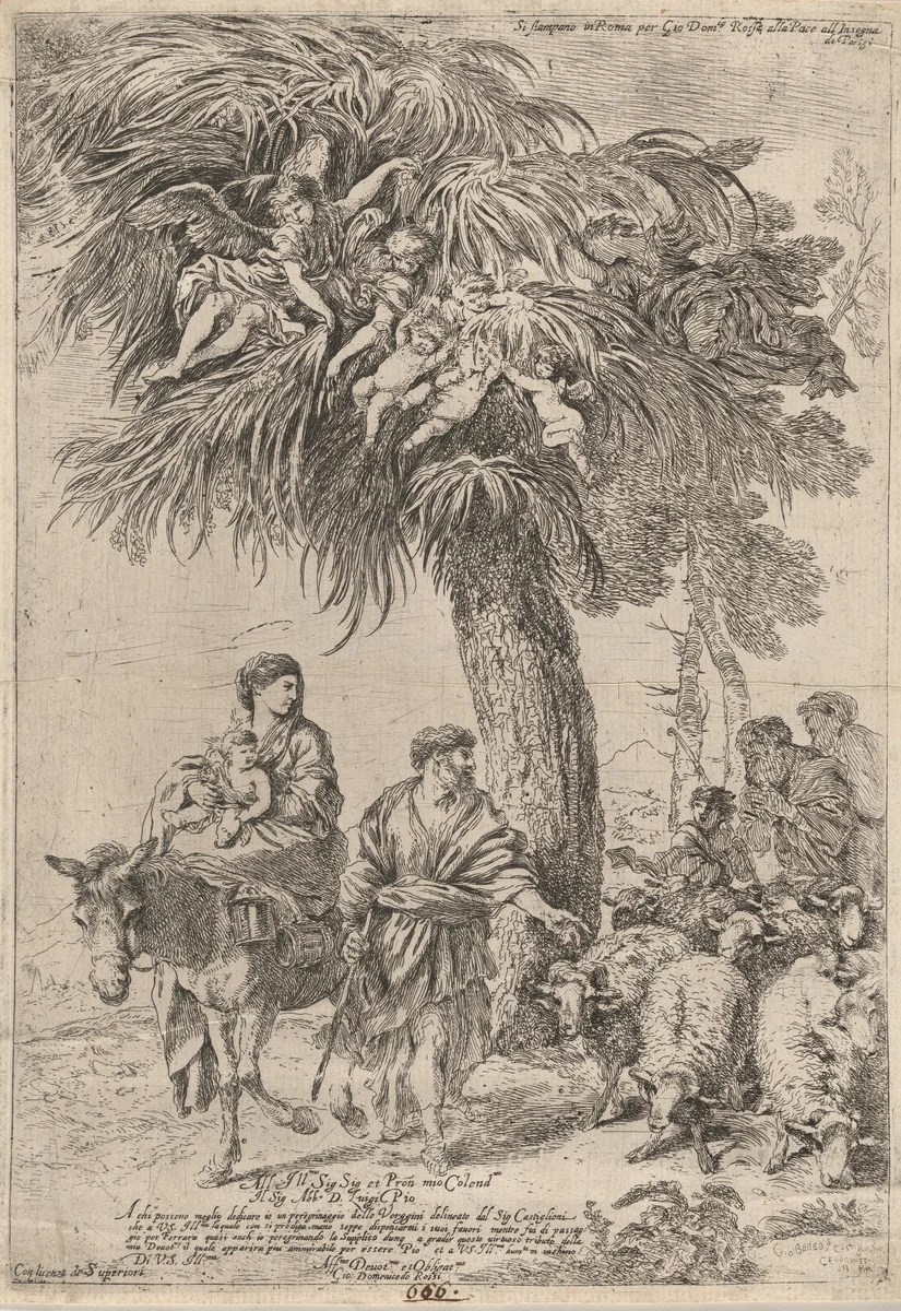 The Flight into Egypt by Giovanni Benedetto Castiglione; Giovanni Domenico de Rossi, print, 1642-1652