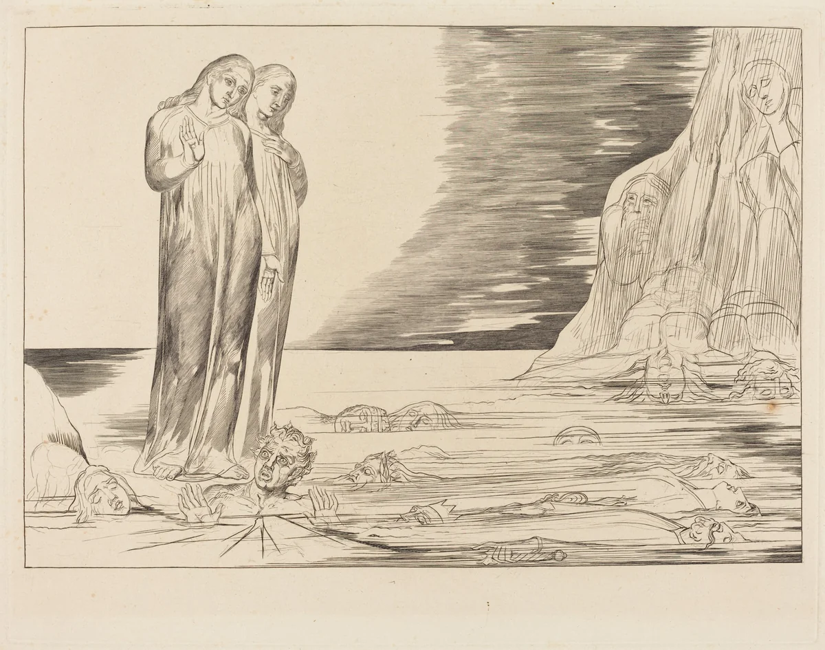 The Circle of the Traitors; Dante's Foot Striking Bocca degli Abbate by William Blake, print, 1827