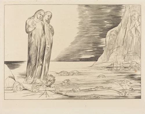 The Circle of the Traitors; Dante's Foot Striking Bocca degli Abbate by William Blake, print, 1827
