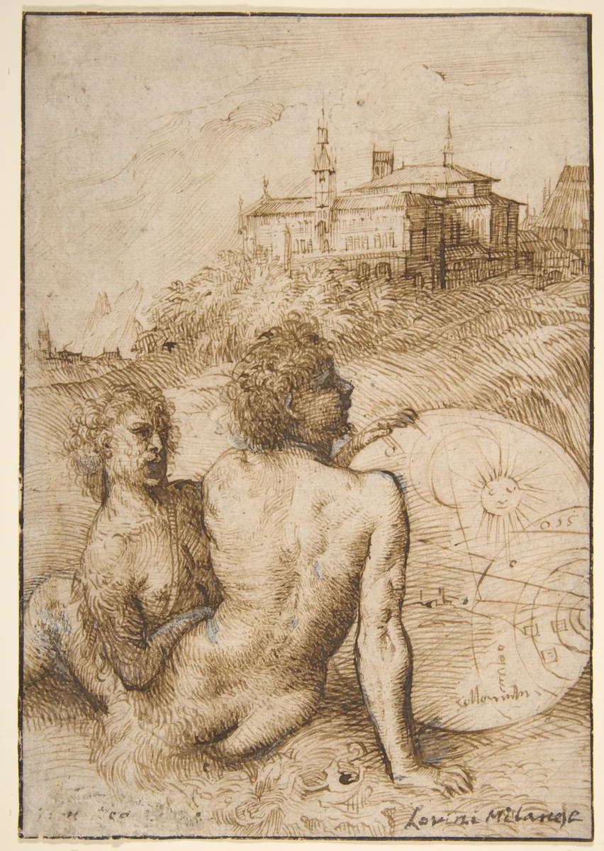 Two Satyrs in a Landscape by Titian, drawing, 1500-1510