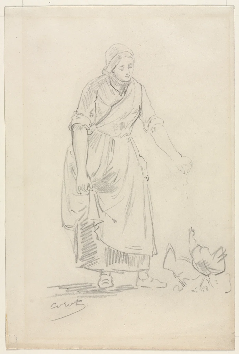 Peasant Girl Feeding Chickens by Jean-Baptiste-Camille Corot, drawing, 1800-1899