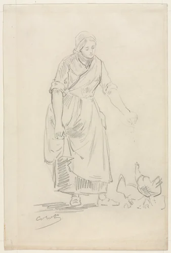 Peasant Girl Feeding Chickens by Jean-Baptiste-Camille Corot, drawing, 1800-1899