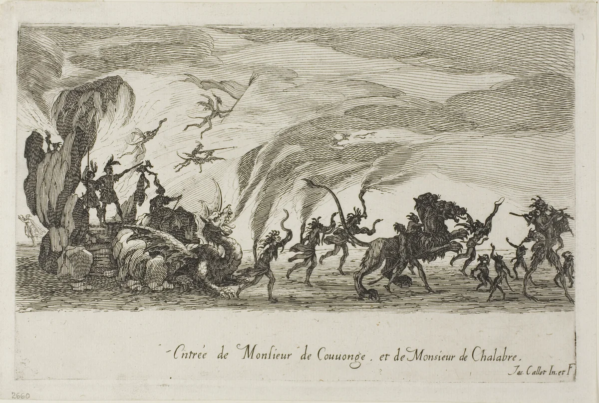 Entry of M. de Couvonage and M. de Chalabre, from The Combat at the Barrier by Jacques Callot, print, 1627