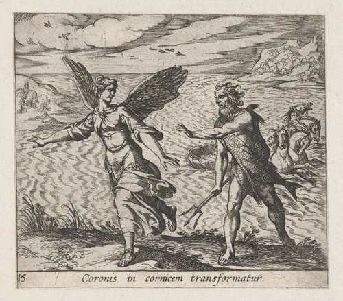 Plate 15: The Daughter of Croneus Changed into a Cow (Coronis in cornicem transformatur), from Ovid's 'Metamorphoses' by Antonio Tempesta, print, 1606