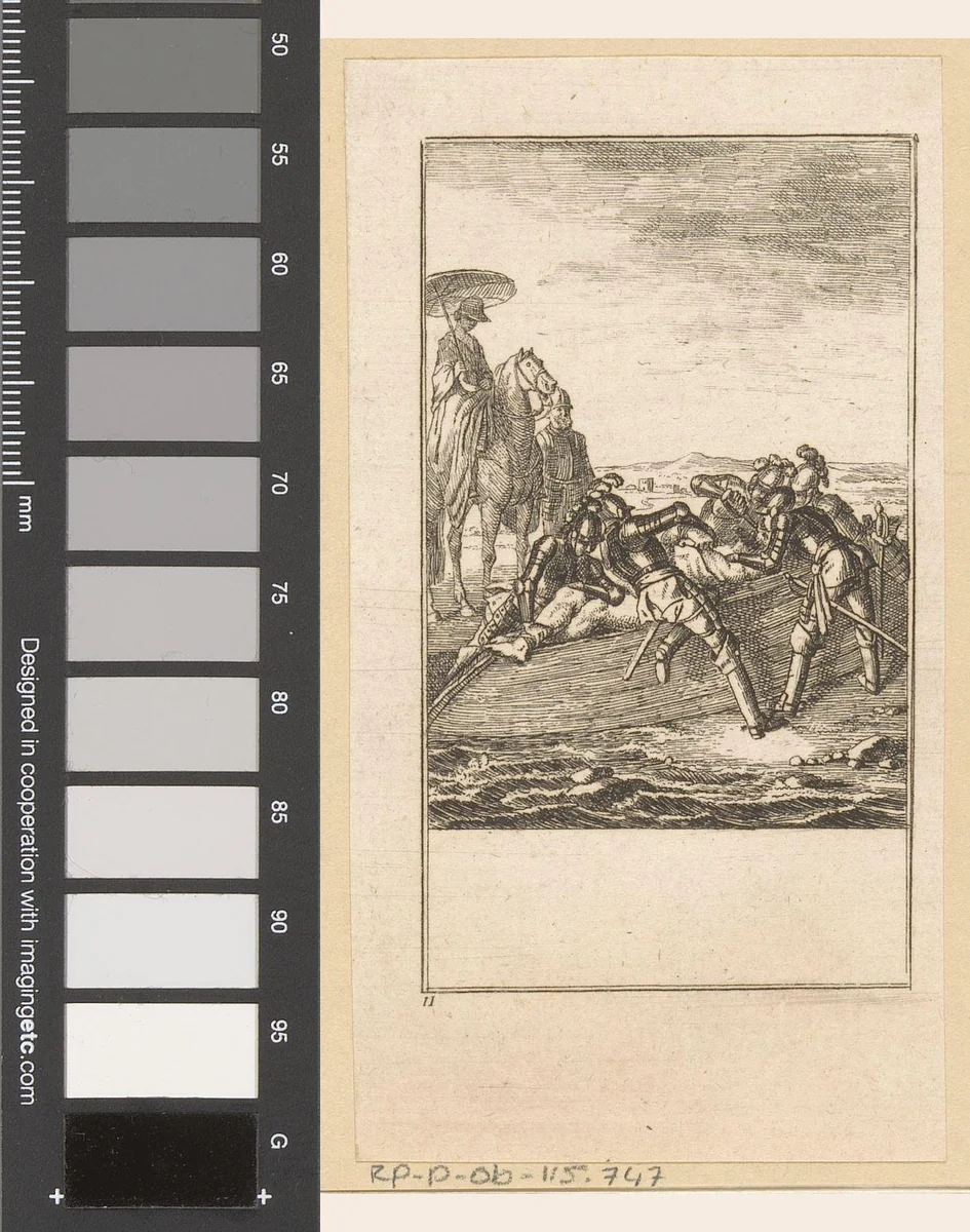 Orlando krijgt gedwongen het geneesmiddel door Astolfo toegediend by Louis Wilhelm Chodowiecki, print, 1771-1772