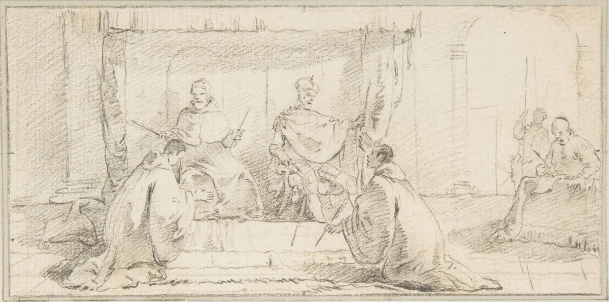 Illustration for a Book: Two Monks Kneeling before a Doge and an Emperor (Doge Ziani and Emperor Barbarossa?) by Giovanni Battista Tiepolo, drawing, 1696-1770