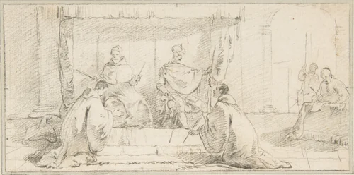 Illustration for a Book: Two Monks Kneeling before a Doge and an Emperor (Doge Ziani and Emperor Barbarossa?) by Giovanni Battista Tiepolo, drawing, 1696-1770