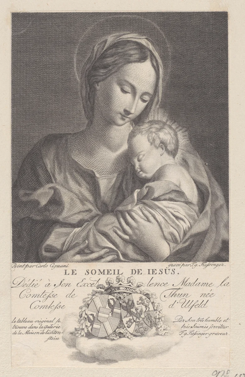 Virgin and Child, with the Christ child sleeping in her arms (Le Somiel de Jesus) by Franz Gabriel Fiesinger, print, 1743-1807