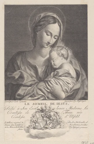 Virgin and Child, with the Christ child sleeping in her arms (Le Somiel de Jesus) by Franz Gabriel Fiesinger, print, 1743-1807