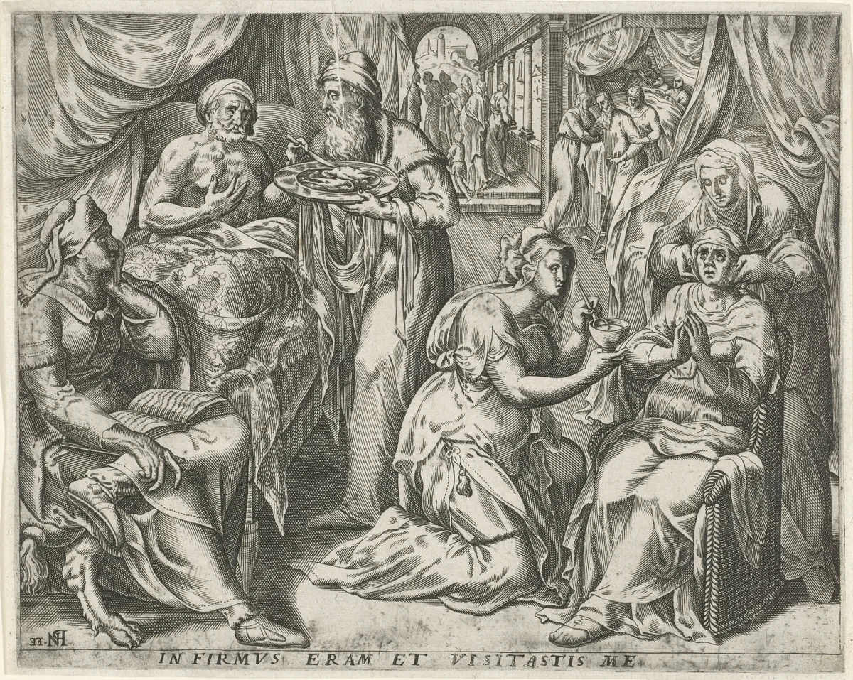 Bezoeken van de zieken by Unknown, print, 1571