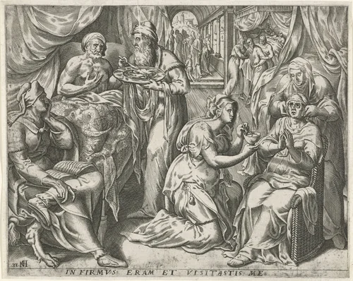 Bezoeken van de zieken by Unknown, print, 1571