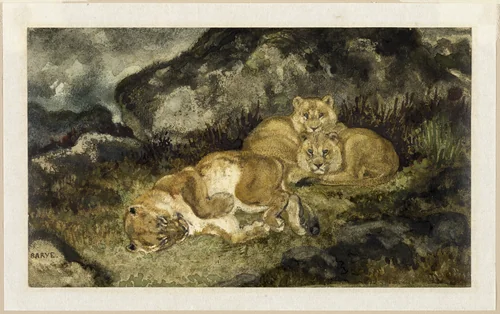 Lioness and Cubs by Antoine-Louis Barye, painting, 1827-1837