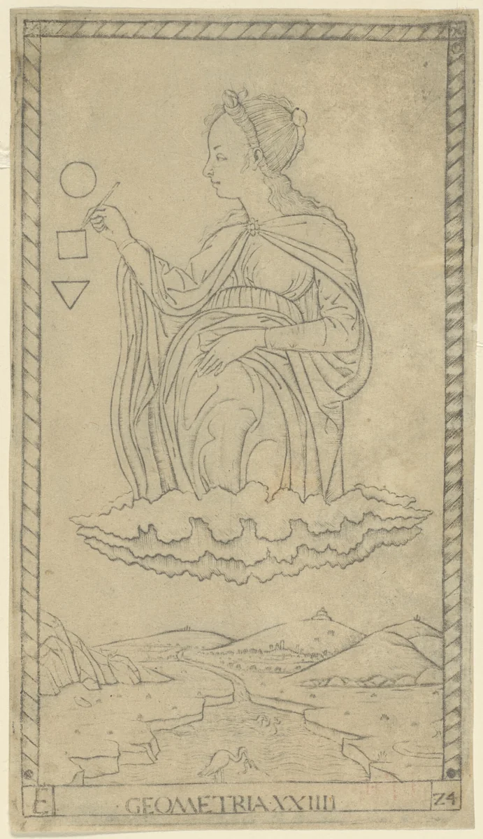 Geometry, plate 24 from Arts and Sciences by Master of the E-Series Tarocchi, print, 1460-1470