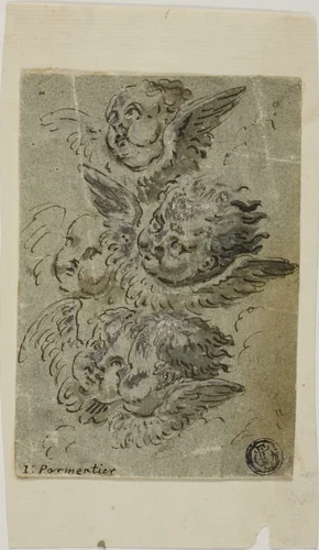 Cherub Heads (recto); Sketches of Heads (verso) by Jacques Parmentier, drawing, 1678-1730