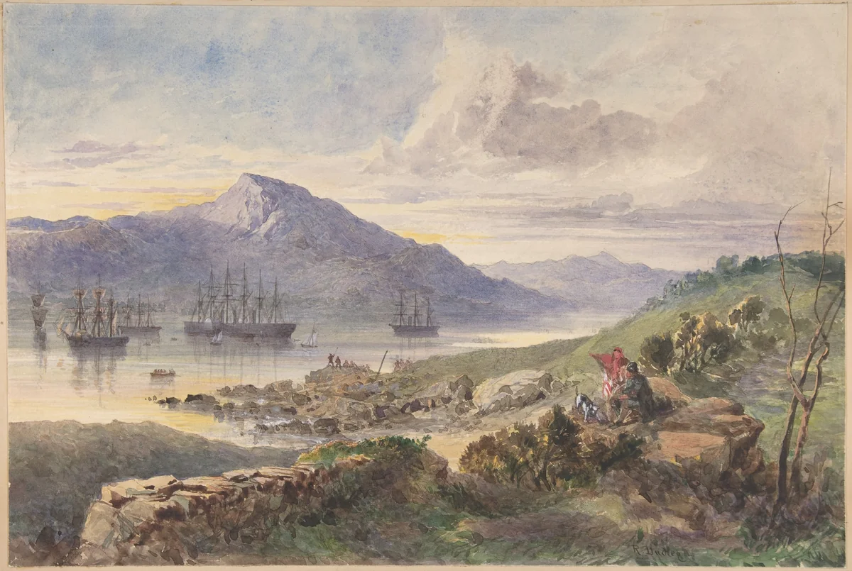 The Heights over Foilhummerum Bay, Valentia, the William Corey Heading Seawards, Laying the Shore-end of the Atlantic Telegraph Cable, July 7th, 1866 by Robert Charles Dudley, drawing, 1865-1866