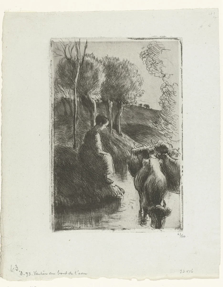 Herderin met koeien bij het water by Camille Pissarro, print, 1890