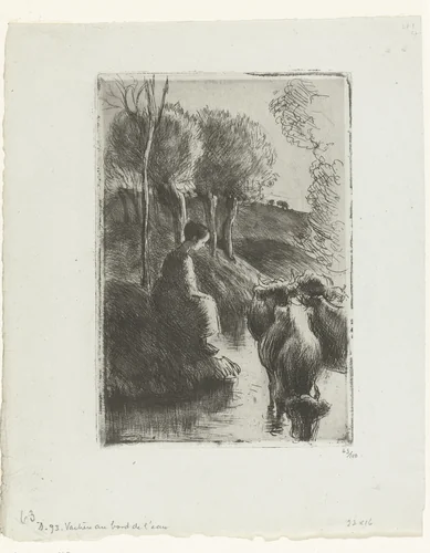 Herderin met koeien bij het water by Camille Pissarro, print, 1890