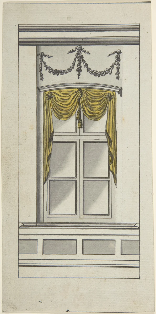 Design for a Window with Yellow Drapery by anonymous, drawing, 1700-1800
