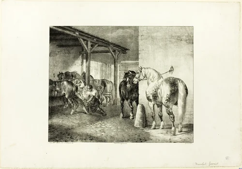 Farrier's Shop by Jean Louis André Théodore Géricault, print, 1823