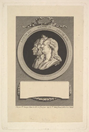 Portrait of Louis XVI, Henri IV, and Louis XII by Augustin de Saint-Aubin, print, 1791