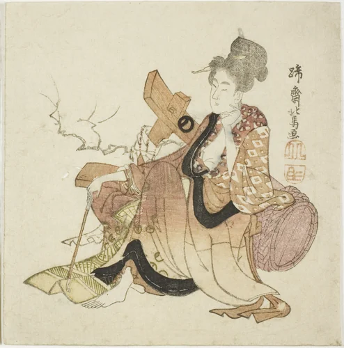 Woman leaning against wine cask, from an untitled series of Eight Immortals of the Wine Cup by Teisai Hokuba (蹄斎北馬), print, 1800-1833