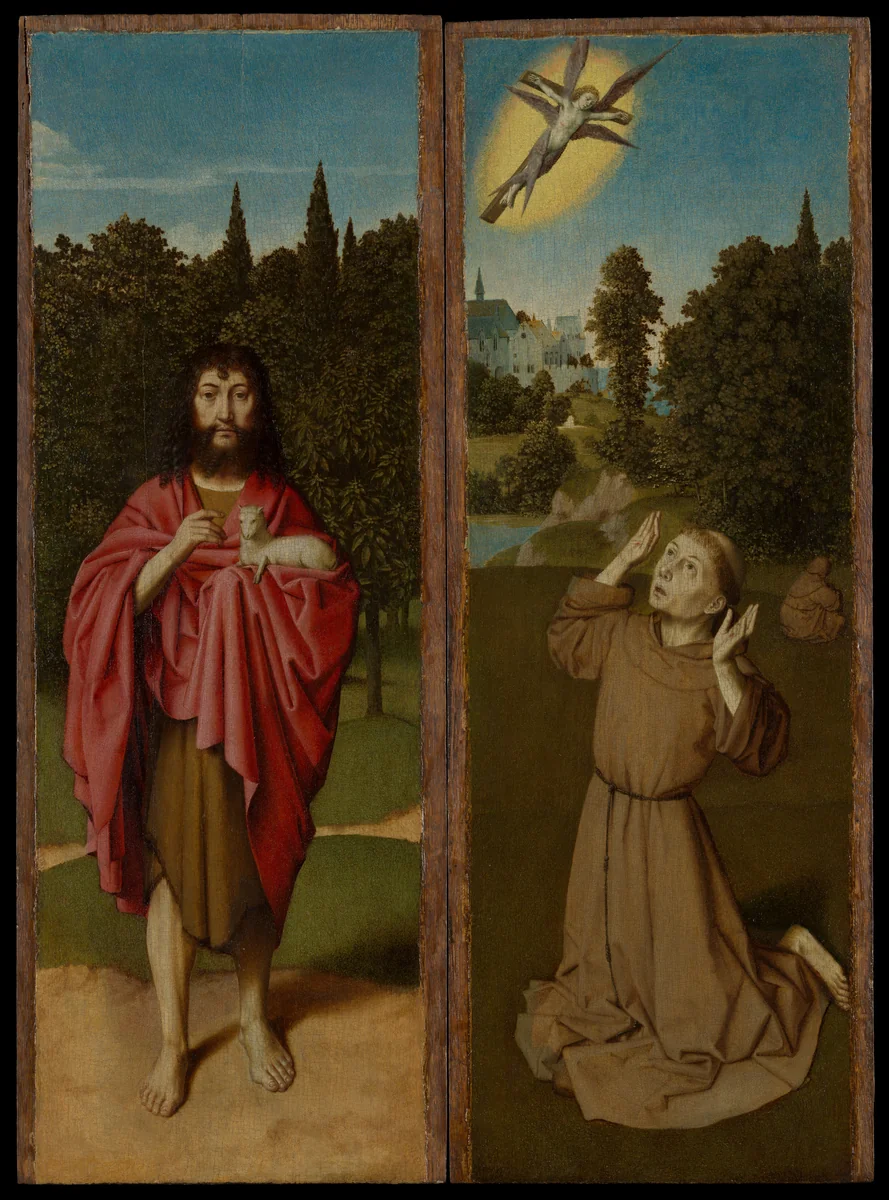 Saint John the Baptist; Saint Francis Receiving the Stigmata by Gerard David, painting, 1485-1490
