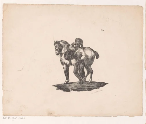 Huzaar met paard by anonymous, print, 1827-1828