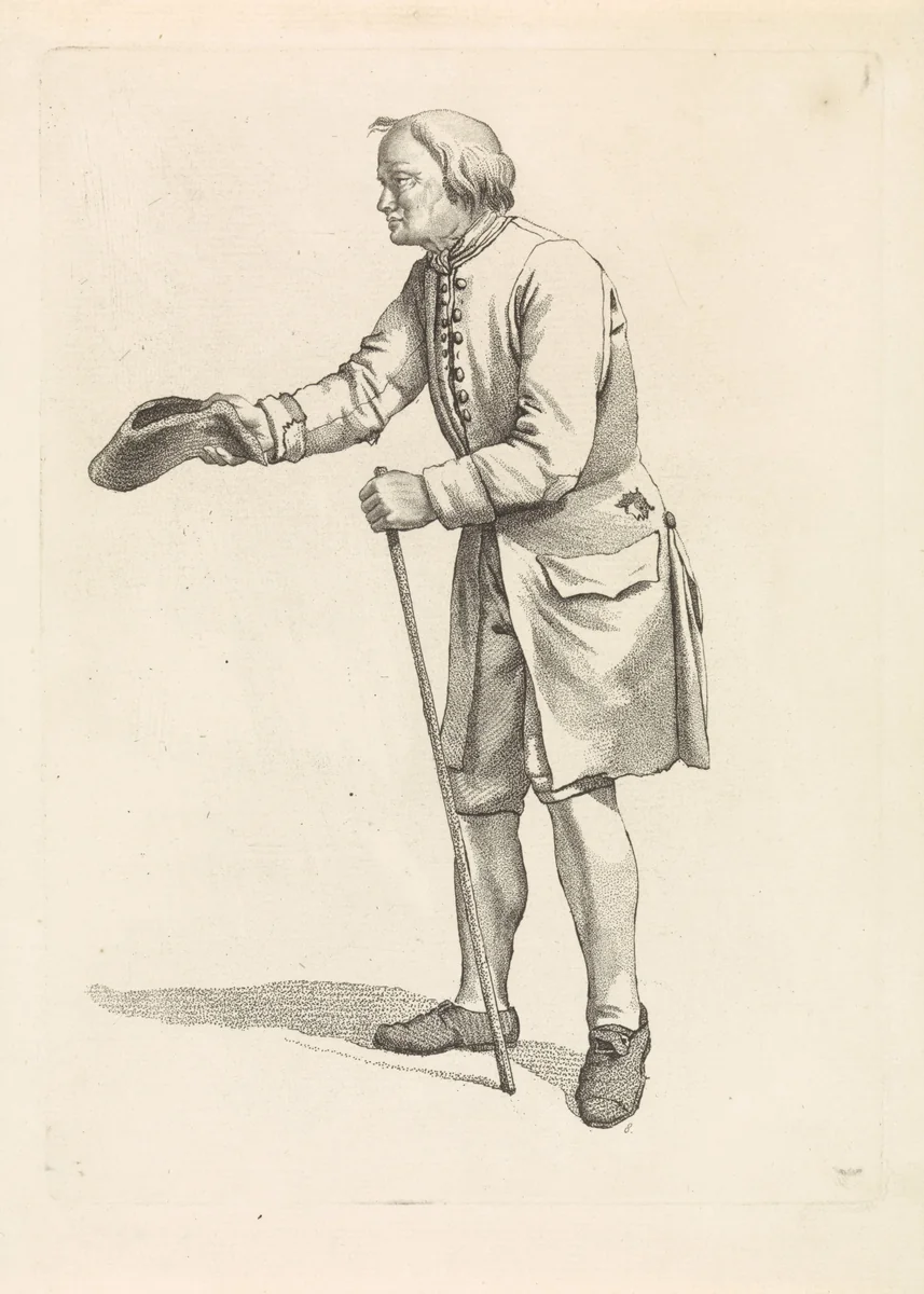 Bedelaar met hoed en stok by Mathias de Sallieth, print, 1772-1791