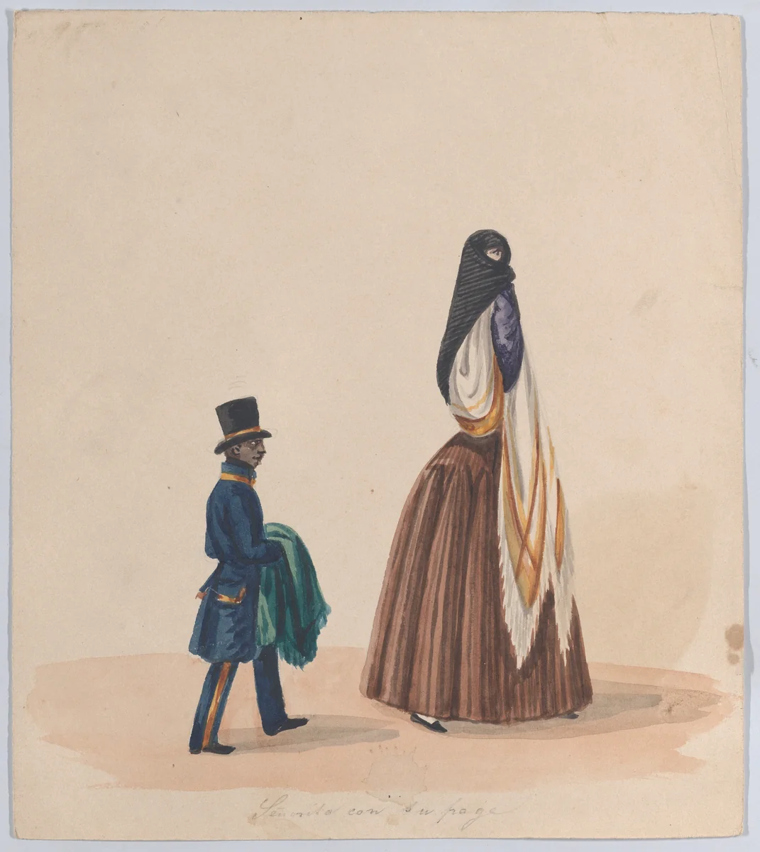 An elegantly dressed woman and her page, from a group of drawings depicting Peruvian dress by Francisco Fierro, drawing, 1843-1853